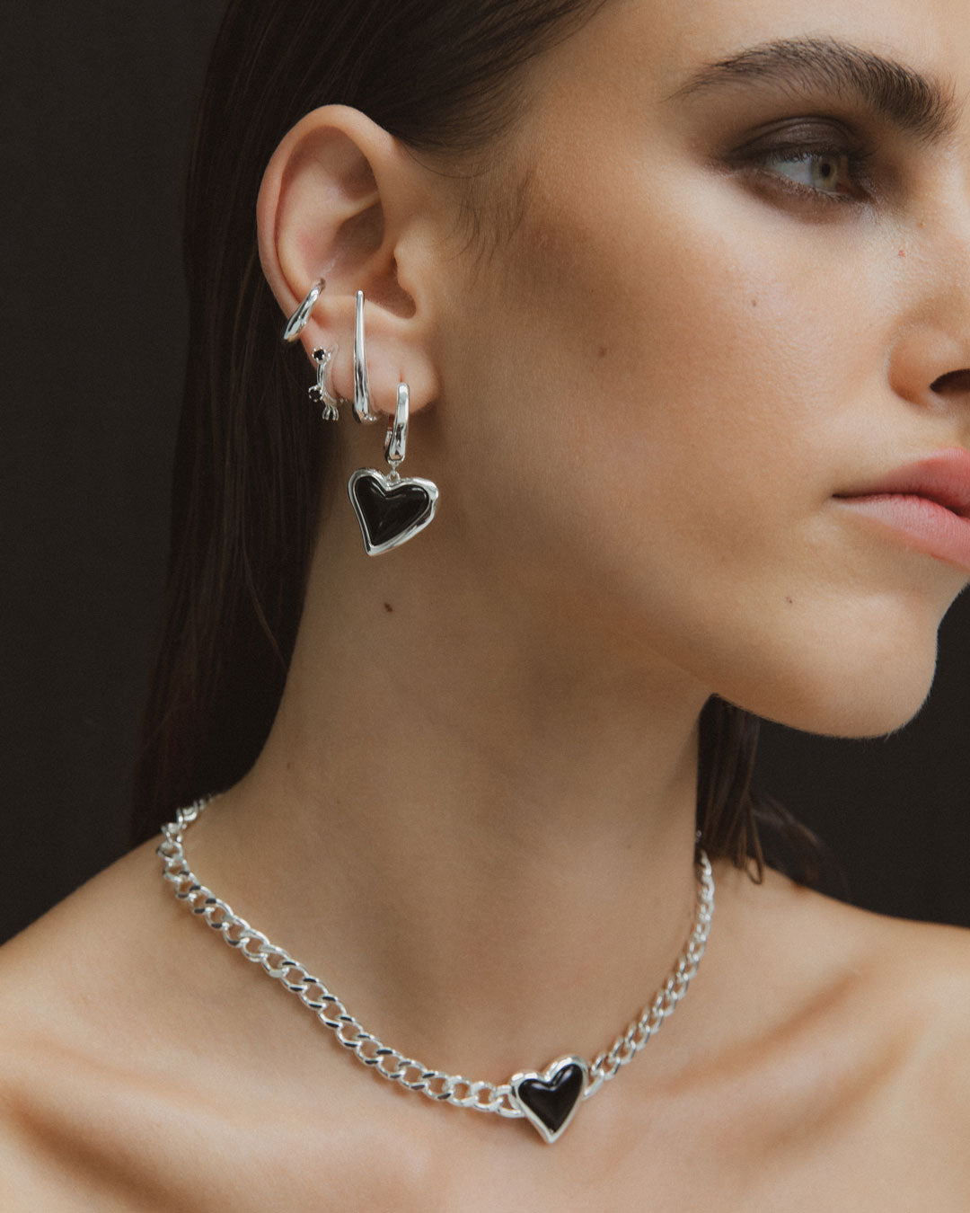 Whitney Heart Charm Earrings - Onyx