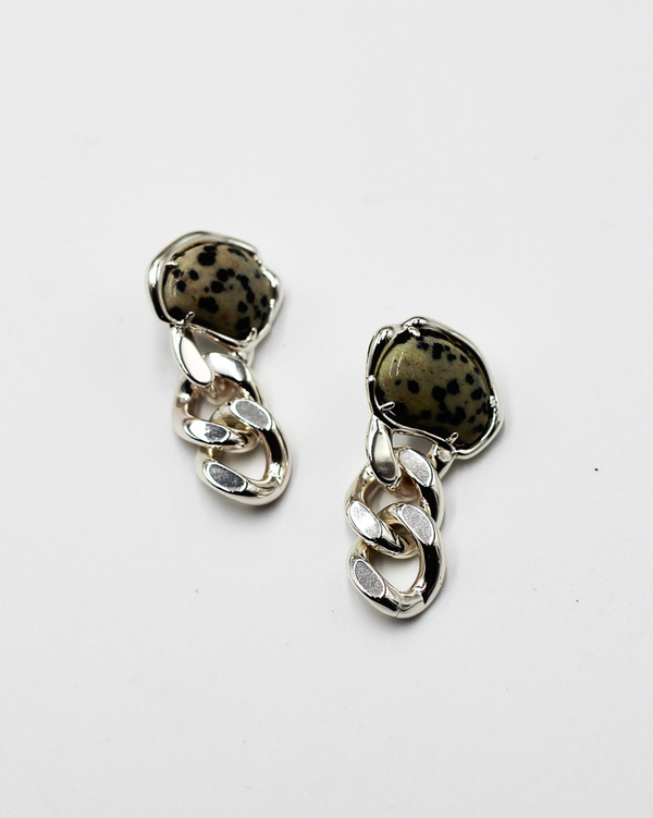 Bean Statement Chain Earrings | Silver - Dalmatian Jasper